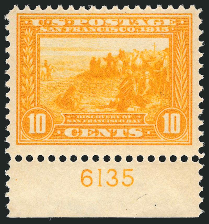 10c Orange Yellow, Panama-Pacific (400).> Mint N.H. with bottom plate no. 6135 selvage, choice wide margins, beautiful glowing color, Very Fine, with 1995 P.F. certificate for vertical pair (bottom
stamp)