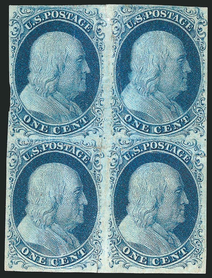 1c Blue, Ty. II (7).> Plate 2, block of four, unused (no gum), mostly large margins, just barely in at left, deep rich color, broken and toned creases more apparent on back than front, otherwise Fine-Very Fine,
scarce block, Scott value for block wit