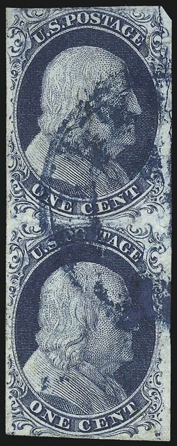 1c Blue, Ty. II, Plate 2 Crack (7 var).> Positions 1222L2, vertical pair, top stamp shows major plate flaw at right, large right margin shows crack, other sides ample to slightly in, <blue> circular datestamp,
small faults, otherwise Fine-Very Fine