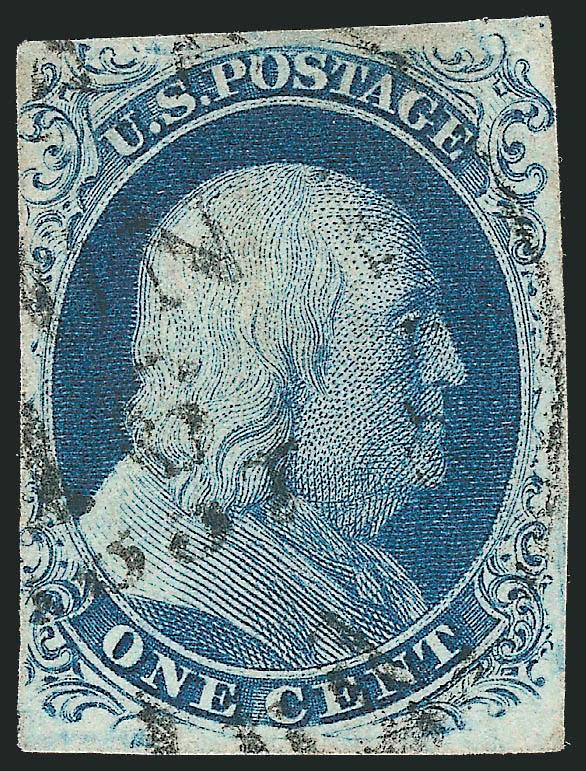 1c Blue, Ty. III (8).> Plate 4, full margins to barely touched at left, rich color, neat strike of circular datestamp, Very Fine, a scarce and desirable 1c 1851 type, with 2007 P.S.E. certificate.