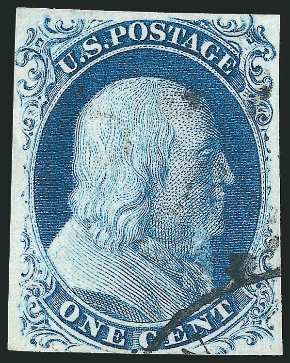 1c Blue, Ty. III (8).> Position 11R4, curl on shoulder variety, margins virtually all around, nearly face-free cancel with corner circular datestamp and a few specks of other cancel ink, Very Fine, an attractive
example of this scarce 1c 1851 type,