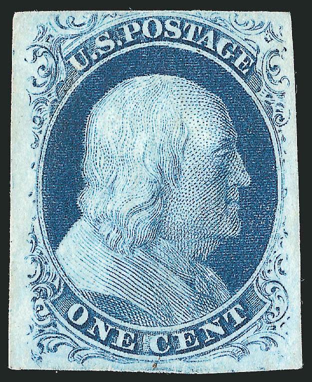 1c Blue, Ty. IIIa (8A).> Plate 1E, clear to mostly large margins, deep rich color and fine impression, barest trace of a black cancel at top left, certainly appears unused at a glance, Very Fine and choice, with
1974 P.F. and 2003 P.S.E. certificates