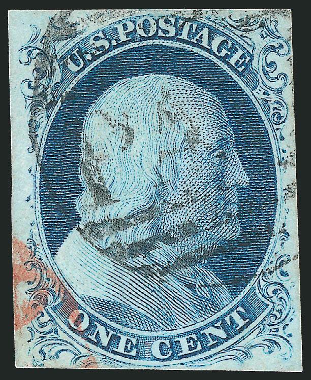 1c Blue, Ty. IIIa (8A).> Plate 1E, large margins to touched, beautiful color, showing wide break at top, neat strike of large Boston Paid grid and trace of red circular datestamp, fresh and Fine, with 1983 P.F.
certificate