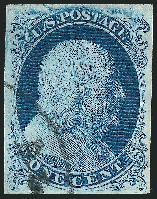 1c Blue, Ty. IIIa (8A).> Plate 4, full even margins, remarkably dark shade and proof-like impression, lightly cancelled by circular datestamp at lower left clear of Franklins portrait, trivial lightning-shaped
internal crease flashes when drying but