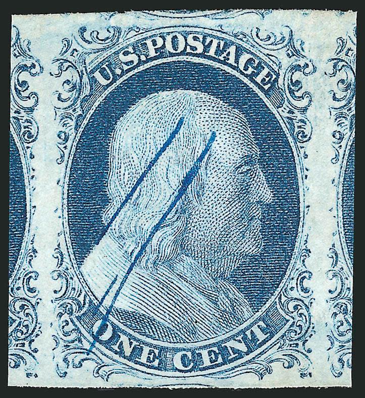 1c Blue, Ty. IV (9).> Large to enormous Jumbo margins showing parts of adjoining stamps at sides and bits of adjoining stamps top and bottom, wonderful rich color, neat two-stroke blue ms. cancel, Extremely Fine
Gem, with 2007 P.F. certificate (XF-Su