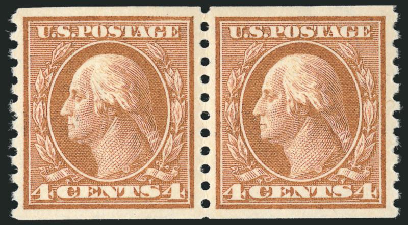 4c Brown, Coil (457).> Mint N.H. pair, gorgeous centering and bright color, Extremely Fine, with 2007 P.S.E. certificate (XF 90 SMQ $240.00)