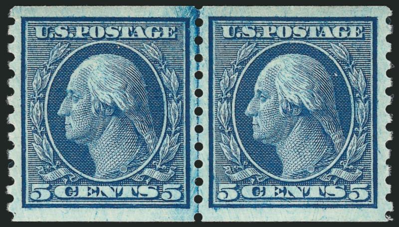 5c Blue, Coil (458).> Mint N.H. joint line pair, fabulous wide margins, intense color, Extremely Fine Gem, with 2007 P.S.E. certificate (XF-Superb 95 SMQ $1,400.00)