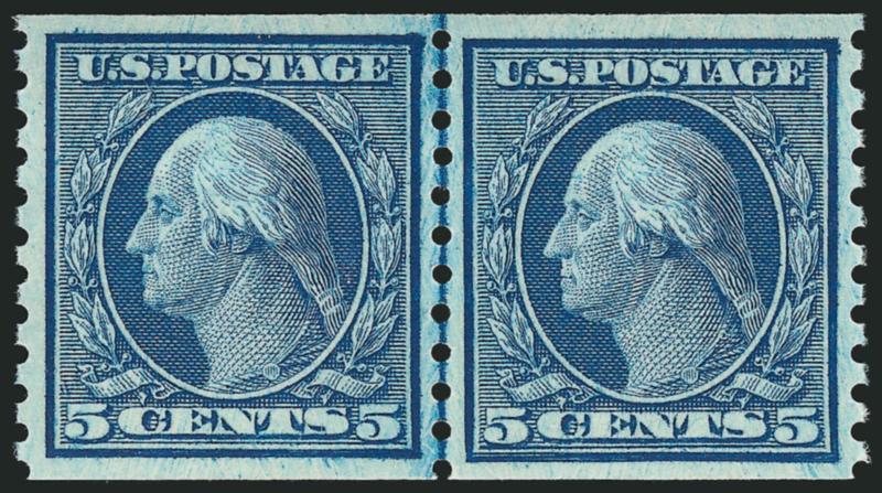 5c Blue, Coil (458).> Mint N.H. joint line pair, exceptionally well-centered, deep color, Extremely Fine, with 2006 P.S.E. certificate for a joint line strip