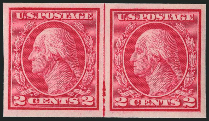 2c Carmine, Ty. I, Imperforate Coil (459).> Mint N.H. joint line pair <without customary crease between stamps,> large even margins, brilliant color, Extremely Fine, with 1975 P.F. certificate