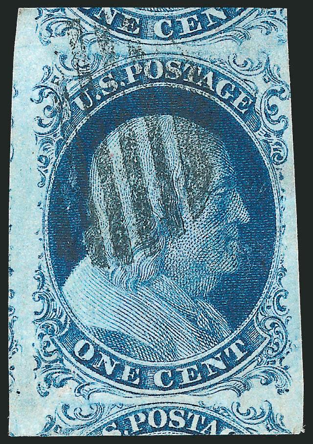 1c Blue, Ty. IV (9).> Huge margins to barely touched at top right incl. significant portion of adjoining stamps at top and bottom and part of adjoining stamp at left, deep rich color on bright paper, well-struck
grid cancel, Extremely Fine, with 2007