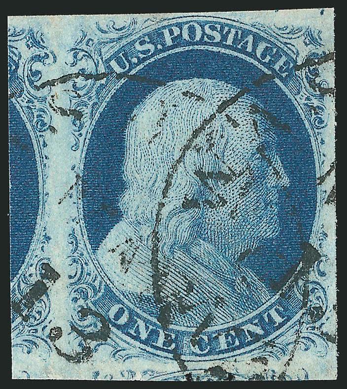 1c Blue, Ty. IV (9).> Recut top and bottom, large to enormous margins showing parts of adjoining stamps at left and bottom, exceptionally dark color, neat circular datestamps, Very Fine and choice, with 1989
P.F., 1990 and 2005 P.S.E. certificates (V