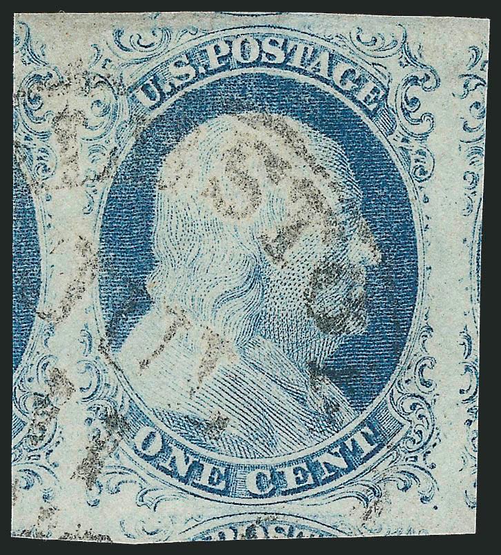 1c Blue, Ty. IV (9).> Position 43R1L, large to enormous Jumbo margins showing parts of three adjoining stamps and tiny bit of recut line from Position 33R at top, light circular datestamp, worn impression,
Extremely Fine for margins, with 2007 P.S.E.