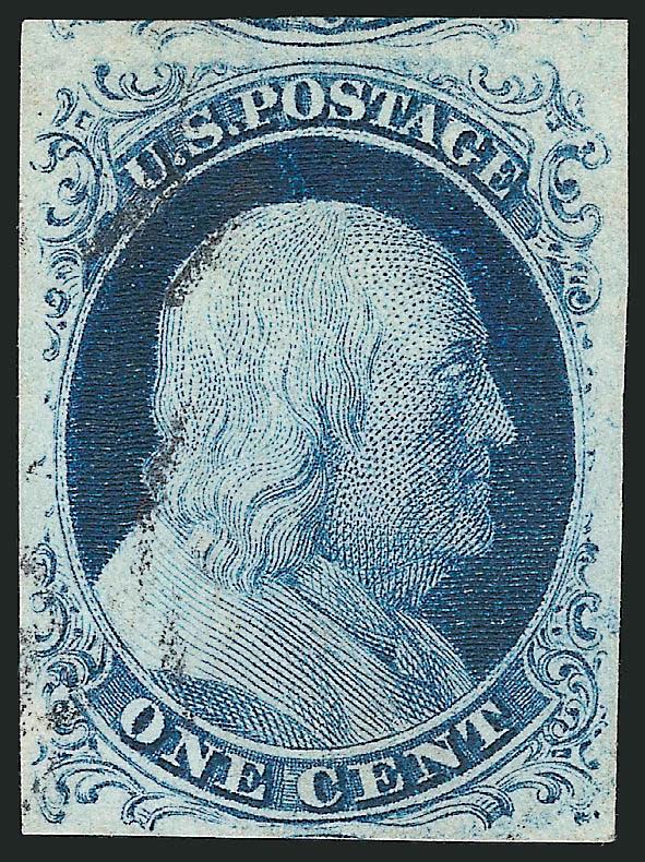 1c Blue, Ty. IV (9).> Ample to large margins, barely cancelled leaving the vignette area details clearly visible, Very Fine and choice, with 1986 P.F. and 2007 P.S.E. certificates (VF-XF 85 SMQ $200.00)