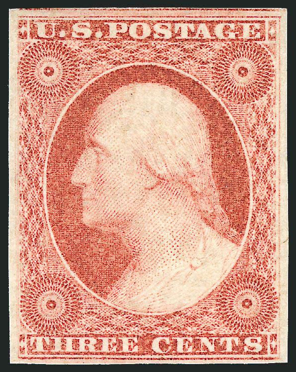 3c Dull Red, Ty. I (11).> Original gum, lightly hinged, full to large margins incl. frameline of adjoining stamp above, bright shade, fresh, Very Fine and choice, with 1980 P.F. certificate for block