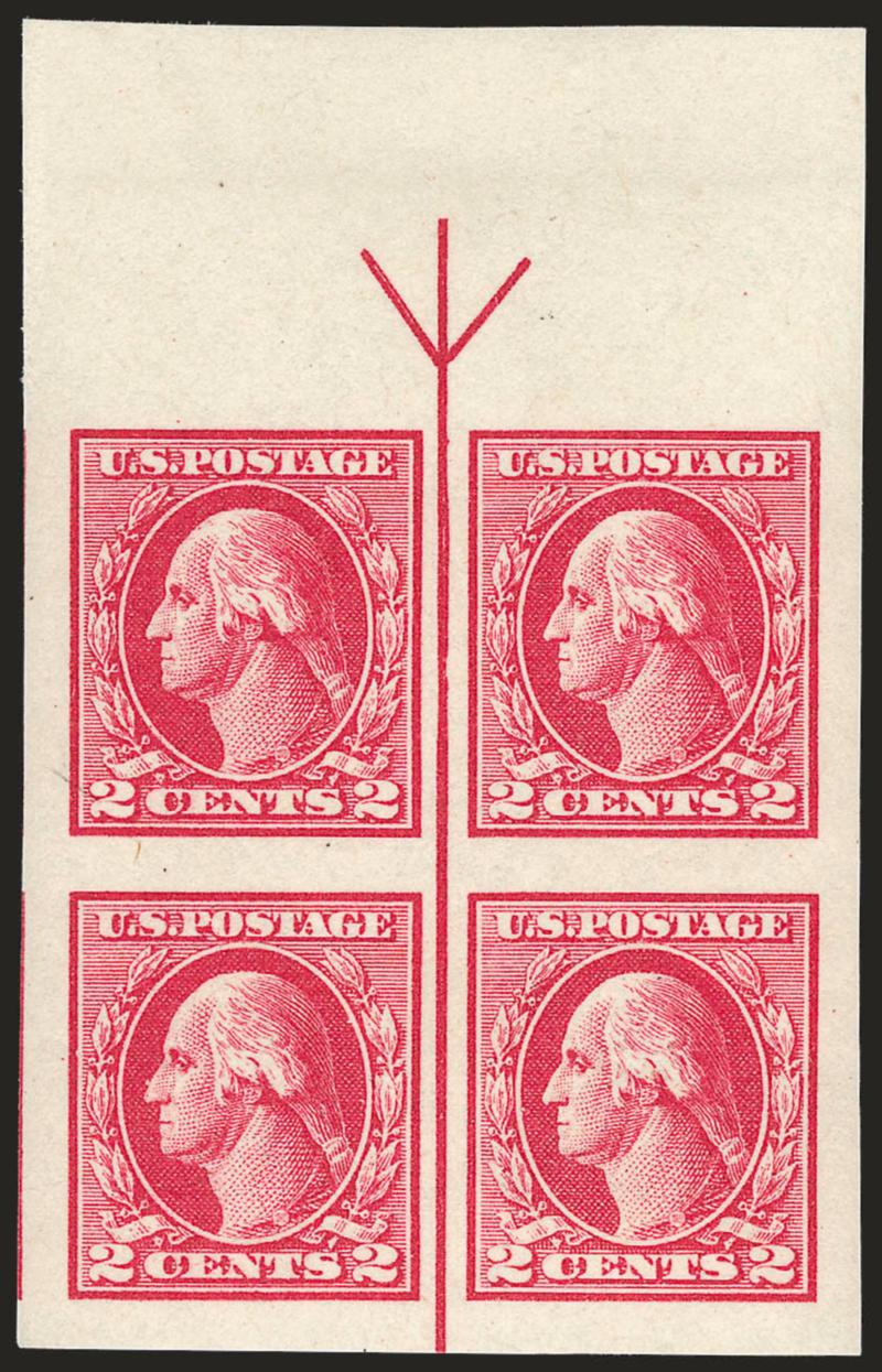 2c Carmine Rose, Ty. IV, Imperforate (532).> Mint N.H. top arrow block of four, huge margins all around, Extremely Fine Gem block, with 2007 P.S.E. certificate which states never hinged with tiny gum
disturbance on the lower left stamp