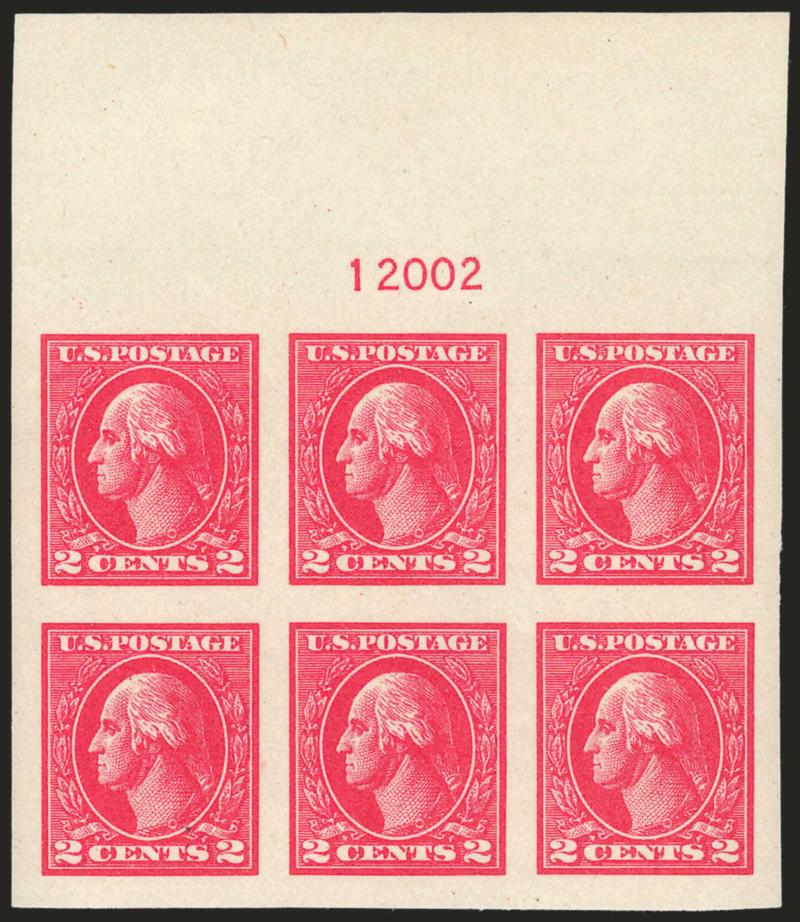 2c Carmine, Ty. Va, Imperforate (534).> Mint N.H. wide top plate no. 12002 block of six, enormous margins other sides, bright and crisp, Extremely Fine Gem plate block, with 2007 P.F. certificate