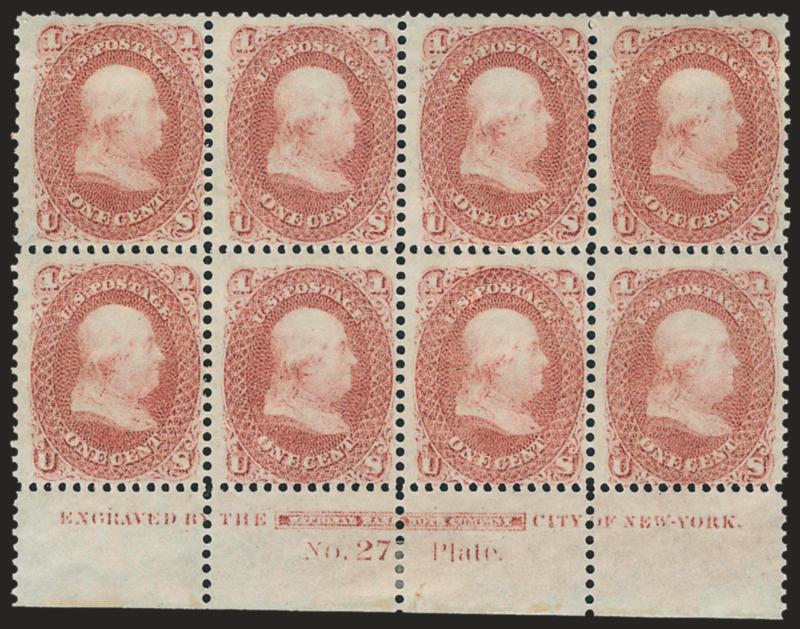 1c Rose, Trial Color Plate Proof on Wove, Perforated (63TC6).> Bottom imprint and plate no. 27 block of eight, original gum, h.r. at top corners, others barely hinged, brilliant color, fresh and Fine-Very Fine,
attractive position multiple, Scott Ret