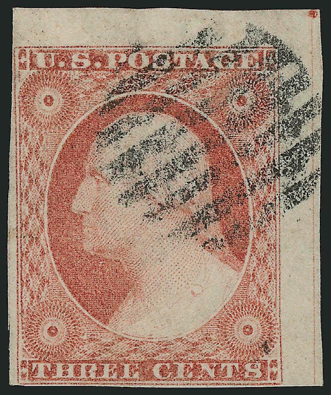 3c Dull Red, Ty. II (11A).> With recut inner lines, huge margins to clear incl. <top right corner sheet margins and guideline,> neat strike of grid cancel, Very Fine and choice