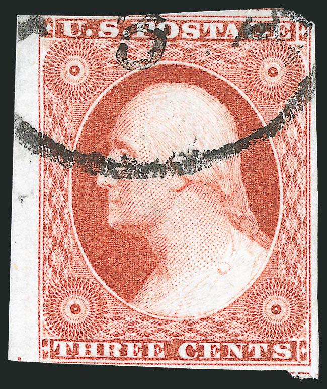 3c Experimental Orange Brown, Ty. II (11A var).> Position 81R1L, huge margins to barely touched incl. <sheet margin> at left, brilliant color, neat strike of circular datestamp, Very Fine example of this scarce
shade, with 2007 P.F. certificate