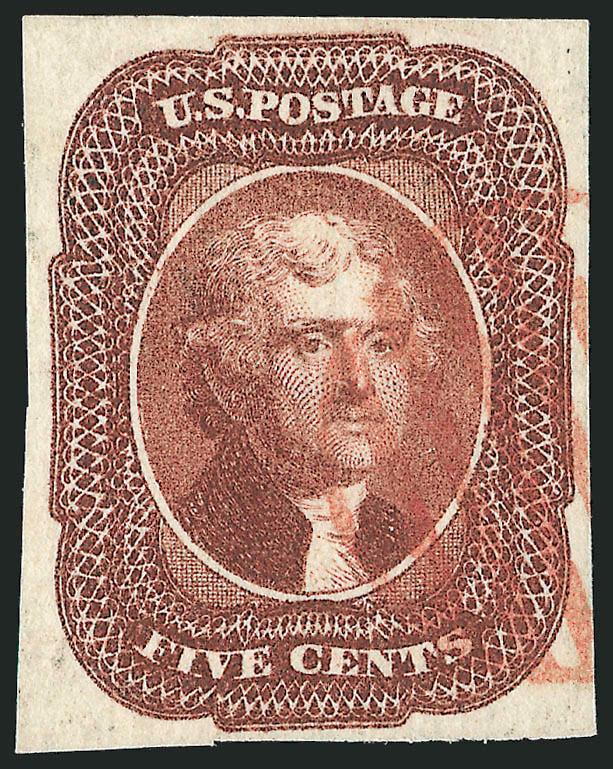 5c Red Brown (12).> Ample to mostly large margins for this tightly spaced 1856 value, wonderful deep rich color and attractively cancelled by a <red grid,> clean impression<><>^EXTREMELY FINE. A BEAUTIFUL
EXAMPLE OF THE 5-CENT 1856 ISSUE CANCELLED