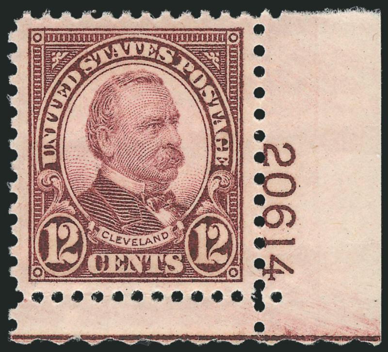 12c Brown Violet (693).> Mint N.H. with bottom right plate no. 20614 selvage, wonderfully wide jumbo margins and virtually perfectly centered, Extremely Fine Gem, with 2007 P.S.E. certificate (XF-Superb 95
Jumbo SMQ $150.00 for 95, $600.00 for 98)