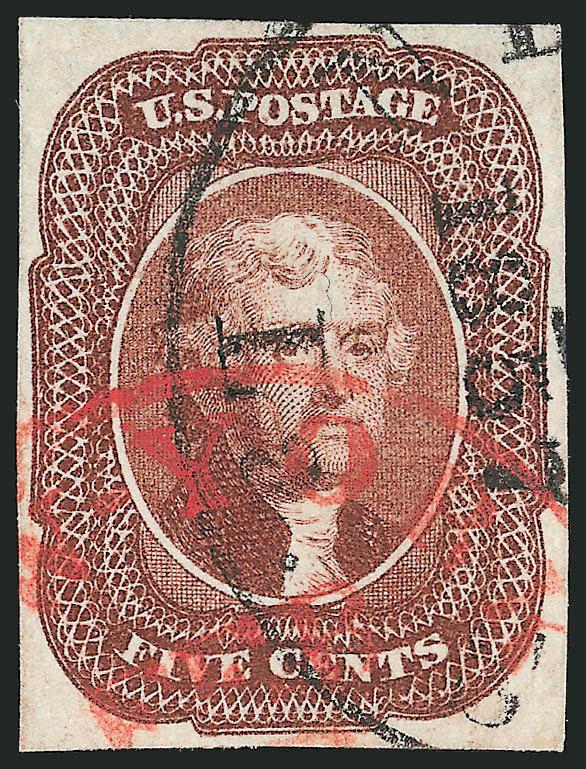 5c Red Brown (12).> Large margins, attractive large margins, neat New Orleans 1857 circular datestamp and red New York transit, fresh color, Very Fine and choice, with 2007 P.S.E. certificate (VF-XF 85 SMQ
$1,000.00 without premium for the red cance