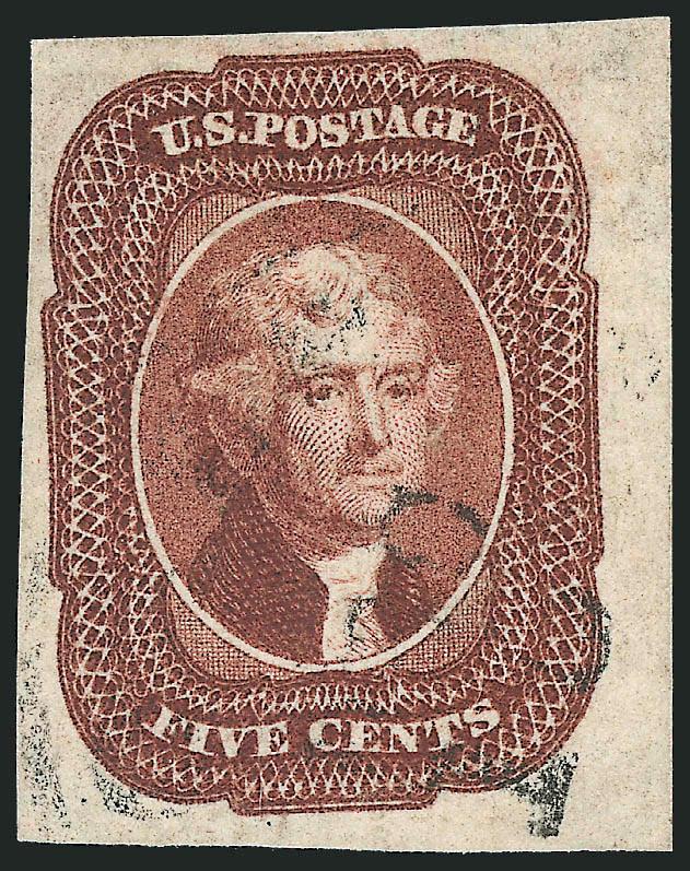 5c Red Brown (12).> Large to huge margins incl. <sheet margin> at right, beautiful warm shade, unobtrusive cancel, trivial corner creases at top left and bottom right, appears Extremely Fine, with 2001 P.S.E.
certificate