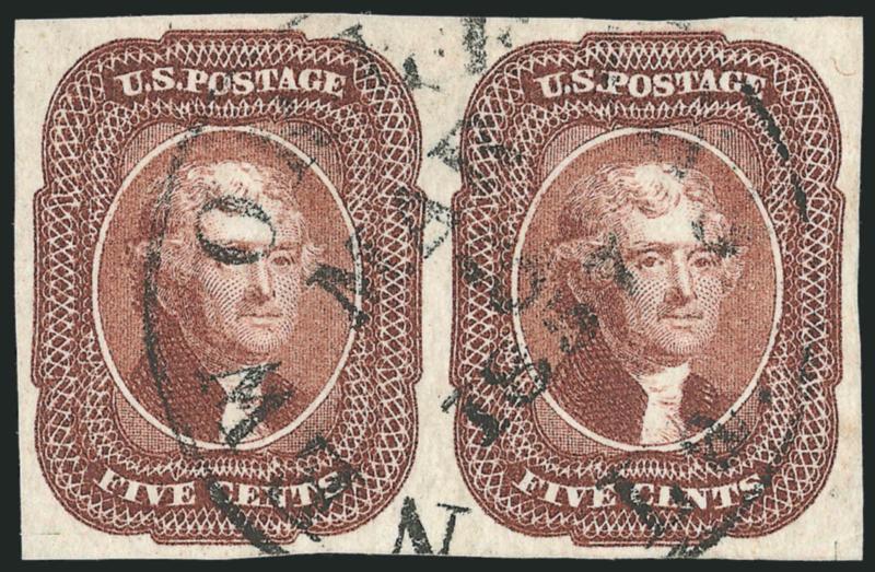 5c Red Brown (12).> Horizontal pair, large even margins all around, bright shade, neat strike of New Orleans La. Mar. 8, 1857 circular datestamp, small scoring line at bottom left in margin only, right stamp
light diagonal crease, appears Extremely