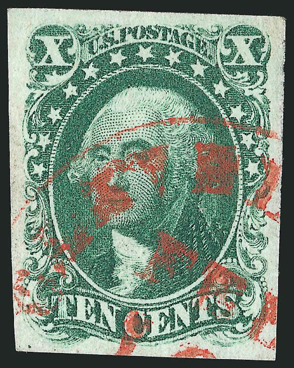 10c Green, Ty. I (13).> Large balanced margins, beautiful deep rich color and cancelled by a <vivid paint red circular datestamp><><>^EXTREMELY FINE GEM. AN ESPECIALLY BEAUTIFUL USED EXAMPLE OF THE 1855 10-CENT
GREEN TYPE I WITH THE RED TOWN CANC