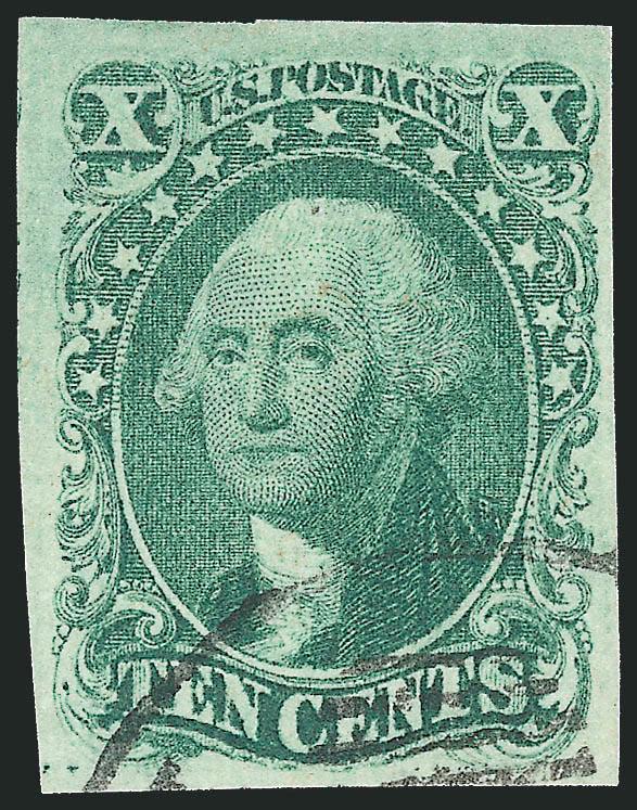 10c Green, Ty. I (13).> Ample to mostly large to huge margins, unusual light green pastel shade, light face-free circular datestamp, Very Fine and choice, with 1997 P.F. certificate