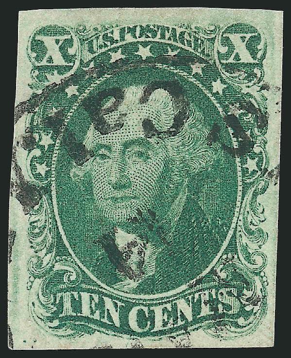 10c Green, Ty. I (13).> Large margins, pretty pastel shade, bold strike of Sacramento City Cal. circular datestamp, Very Fine and choice, a beautiful stamp, with 2005 P.F. certificate