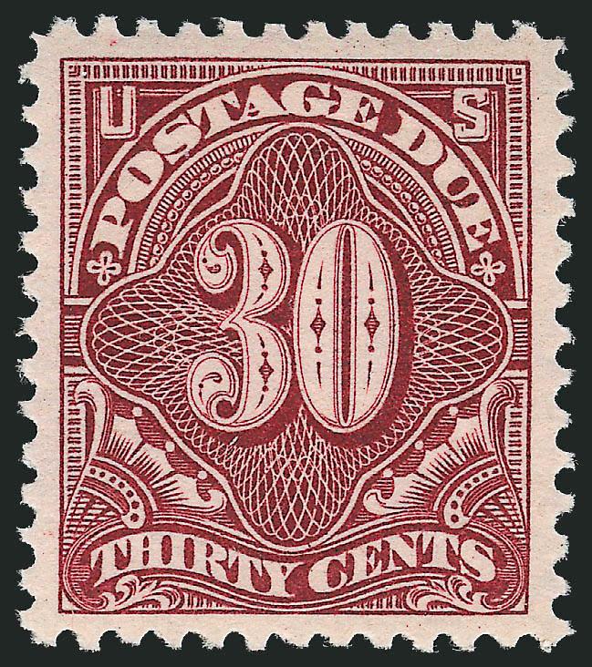 30c Deep Claret (J43).> Mint N.H., beautiful margins and centering, strong color on crisp white paper<><>^EXTREMELY FINE. A BEAUTIFUL PREMIUM QUALITY POSTAGE DUE STAMP AND VERY DIFFICULT TO FIND, ESPECIALLY IN
THIS NEVER-HINGED POST-OFFICE FRESH CO