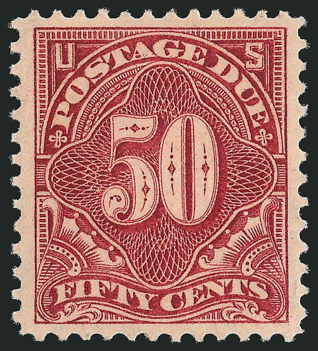 50c Deep Claret (J44).> Original gum, barely hinged, rich color and detailed impression showing every detail of the engraving, unusually choice centering, Extremely Fine Gem, with 2007 P.S.E. certificate
(XF-Superb 95 SMQ $1,100.00), this is the hig