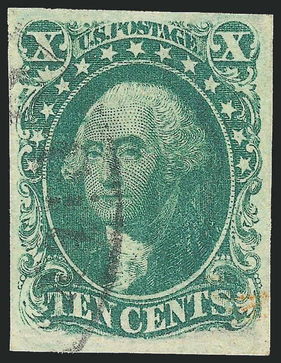 10c Green, Ty. II, III (14-15).> Ample to huge margins, rich colors, light circular datestamps, former in blue, Very Fine duo, with 1994 P.F. and 1999 P.S.E. certificates respectively