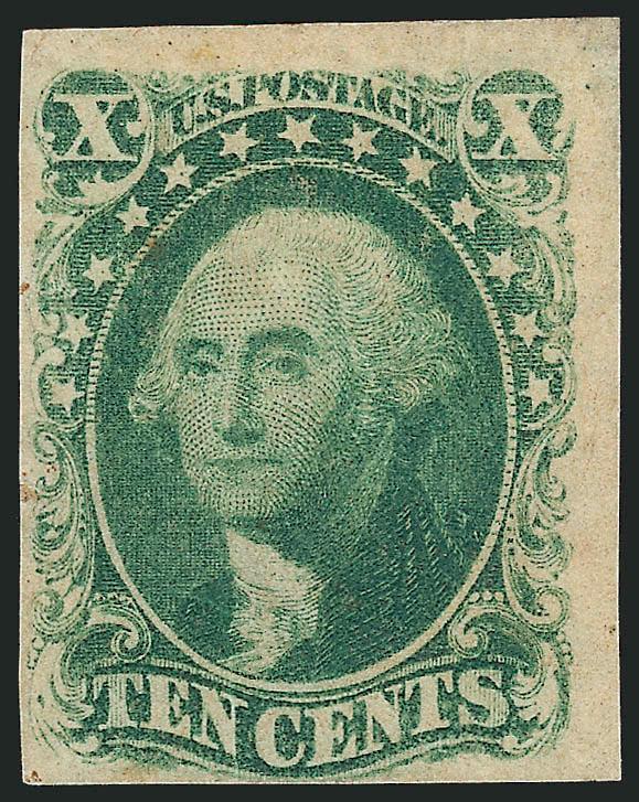 10c Green, Ty. III (15).> Original gum, three ample to huge margins, clear at bottom, nice color, tiny picked out inclusion in left margin and light toning spots, otherwise Fine appearance, rare in original-gum
condition, with 2008 P.S.E. certificate