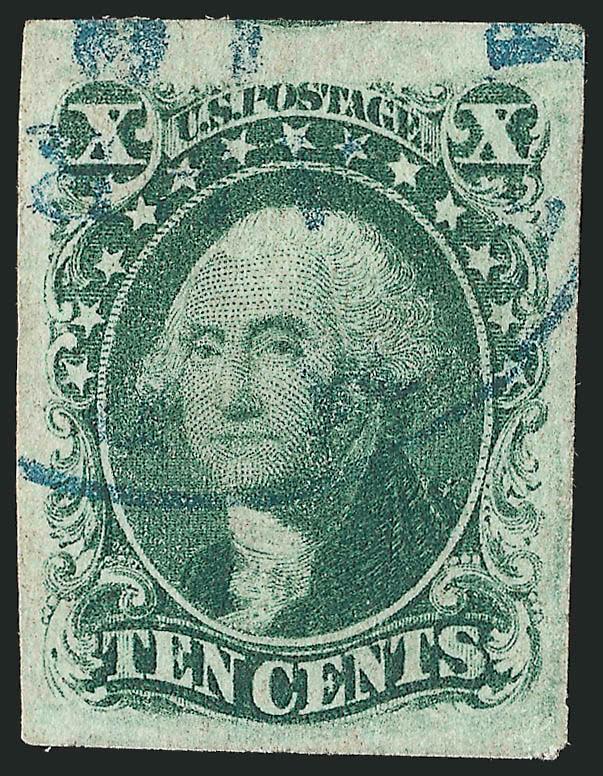 10c Green, Ty. III (15).> Large margins, dark shade with a light <blue> circular datestamp, Extremely Fine Gem, with 1990 A.P.S. and 2003 P.S.E. certificates (XF-Superb 95 SMQ $780.00)