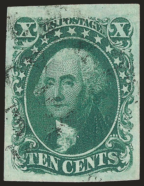 10c Green, Ty. III (15).> Large to huge margins, rich color on bright paper, Extremely Fine Gem, with 2007 P.S.E. certificate (XF-Superb 95 SMQ $780.00)