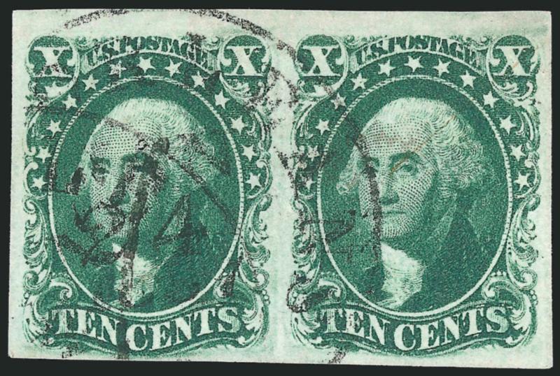 10c Green, Ty. III (15).> Horizontal pair, huge margins to clear, bright color, neat strikes of New Orleans circular datestamps, Very Fine and choice, with 1987 P.F. certificate