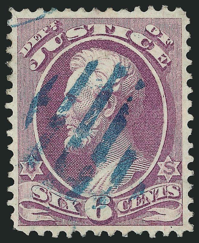 6c Justice (O28).> Exceptional centering, bright color with attractive blue grid cancel, slightly rounded corner perf at bottom left, still Extremely Fine, with 2008 P.S.E. certificate