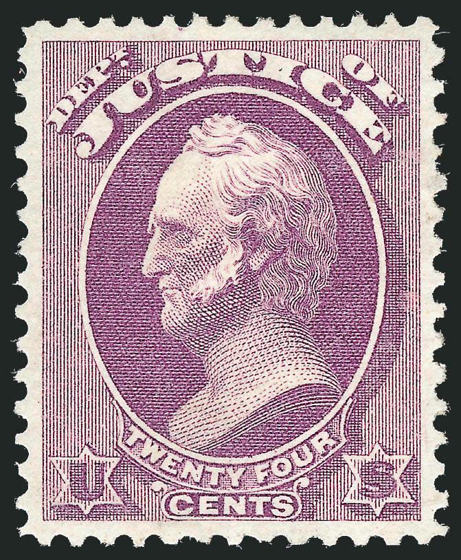 24c Justice (O32).> Original gum, lightly hinged, choice margins and precisely centered, lovely bright color on fresh paper, single slightly irregular perf at right, still Extremely Fine, with 1986 P.F.
certificate