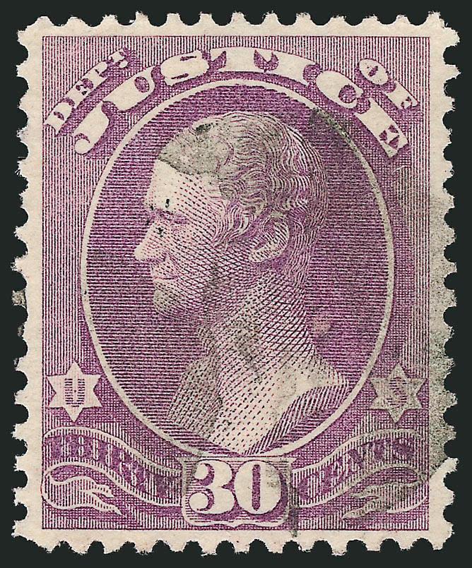 30c Justice (O33).> Rich color, well-balanced margins, light strike of quartered cork cancel, Extremely Fine, with 2006 P.S.E. certificate