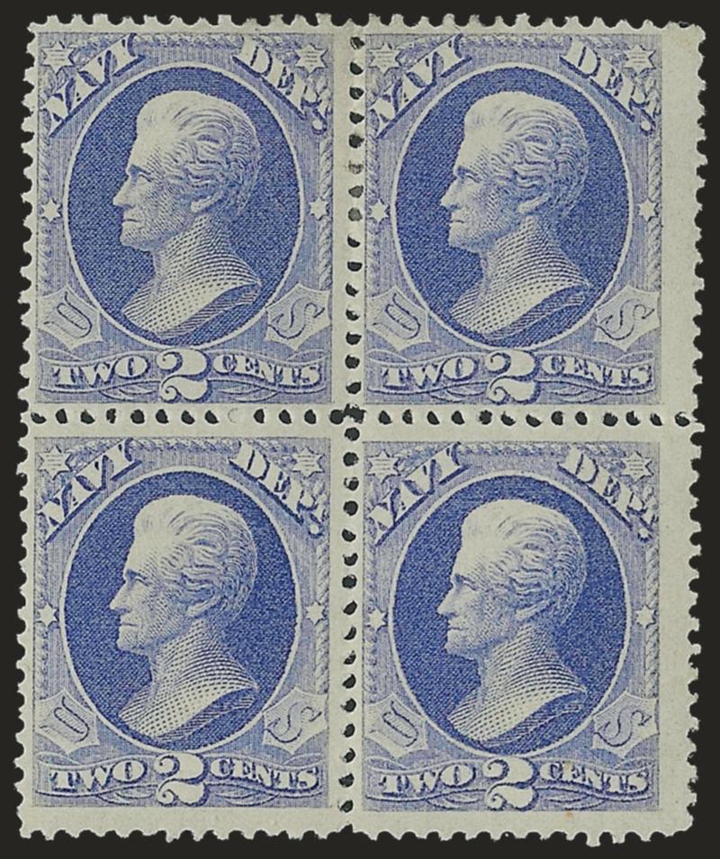 2c Navy (O36).> Block of four, original gum, top pair h.r., beautiful fresh color, Fine and attractive