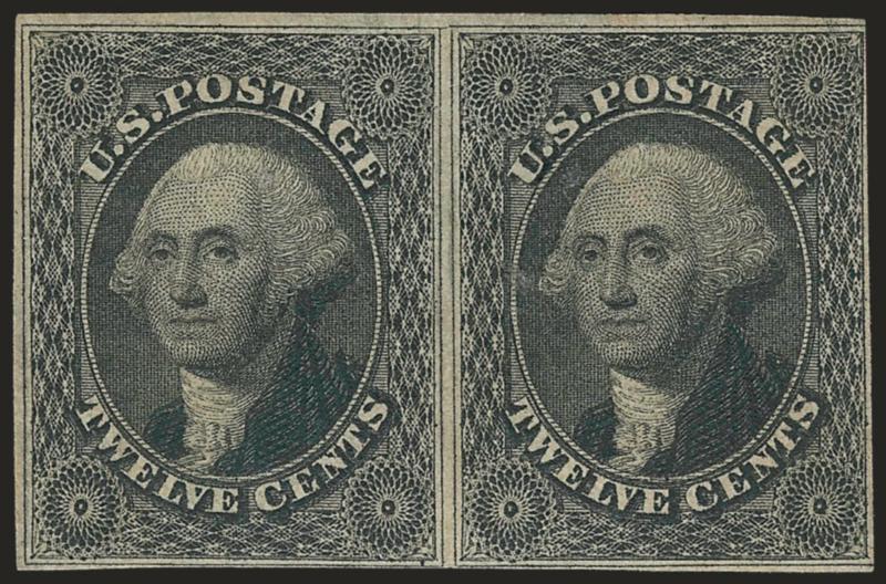 12c Black (17).> Horizontal pair, part disturbed original gum, large margins to barely in at top right, few flaws incl. overall toning and right stamp small filled-in spot, otherwise Fine-Very Fine, scarce
unused multiple, with 1997 A.P.S. certificat