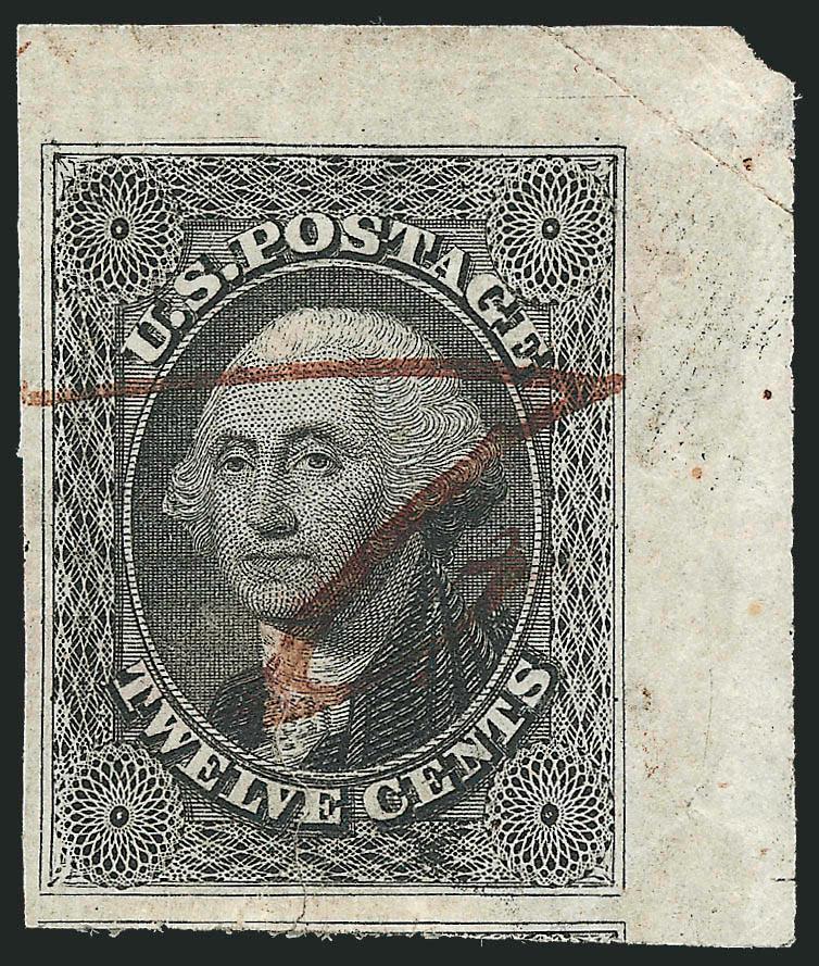 12c Black (17).> Large to huge margins incl. <top right corner sheet margins> and part of adjoining stamp at bottom, bright shade nicely complemented by <magenta ms. cancel,> few flaws incl. tear at bottom,
Extremely Fine appearance, exceedingly rare