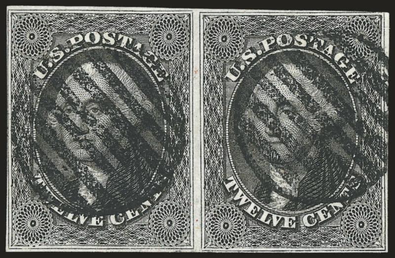 12c Black (17).> Horizontal pair, margins virtually all around, bold grid cancels, Fine, with 2007 .P.F. certificate