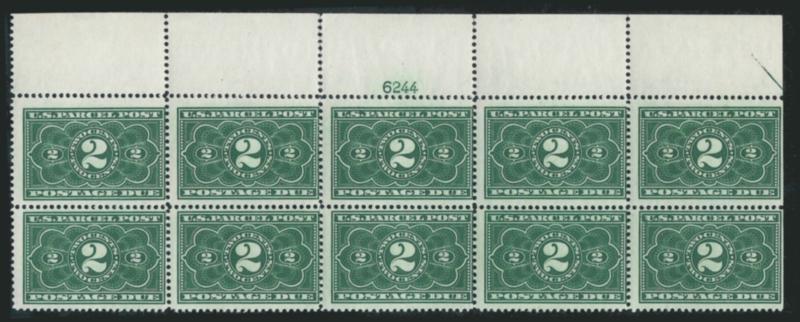 2c Dark Green, Parcel Post Postage Due (JQ2).> Top plate no. 6244 block of ten, natural s.e. with part arrow at right, four stamps at center barely hinged where some perf separations expertly reinforced, others
Mint N.H., deep rich color, fresh and F