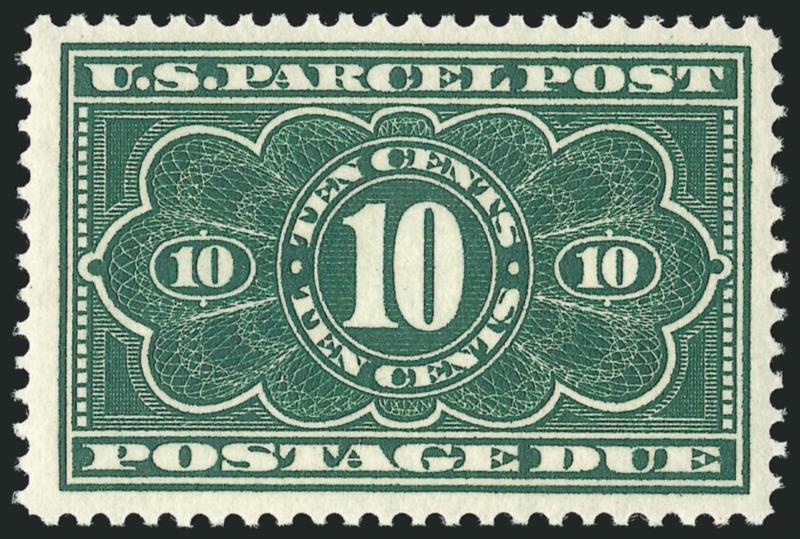 10c Dark Green, Parcel Post Postage Due (JQ4).> Mint N.H., choice margins and nicely centered, deep rich color, Very Fine, with 1995 P.F. certificate