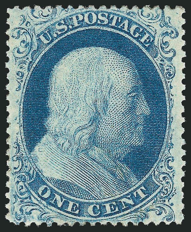1c Blue, Ty. I (18).> Position 33L12, <double transfer,> original gum, bright shade, remarkably choice centering<><>^EXTREMELY FINE. A DESIRABLE DOUBLE TRANSFER POSITION AND CHOICE ORIGINAL-GUM EXAMPLE OF THE
ONE-CENT PERFORATED TYPE I FROM PLATE 1