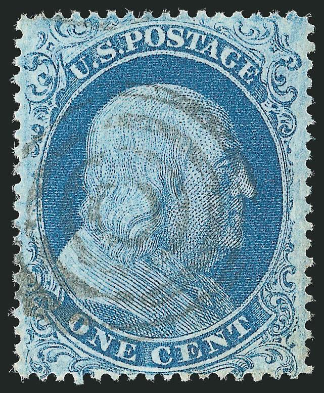 1c Blue, Ty. I (18).> Attractively centered, pleasing Plate 12 color, light target cancel, Very Fine, with 2000 P.F. and 2005 P.S.E. certificates (VF 80 SMQ $660.00)