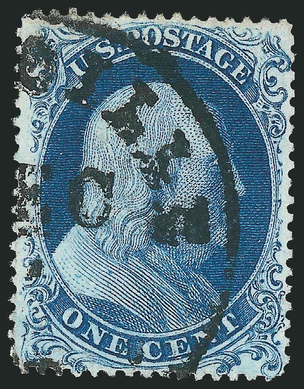 1c Blue, Ty. Ia (19).> Position 93R4, choice centering with entire bottom right plume clearly visible, well-struck town datestamp, rich color on bright paper<><>^EXTREMELY FINE. A SUPERB EXAMPLE OF THE RARE 1857
ONE-CENT PERFORATED TYPE IA.^<><>T